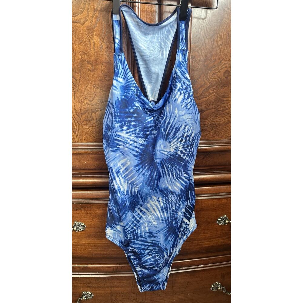 Lands' End Women's One Piece Racerback Swimsuit Blue Tie Dye Size 10L Tall